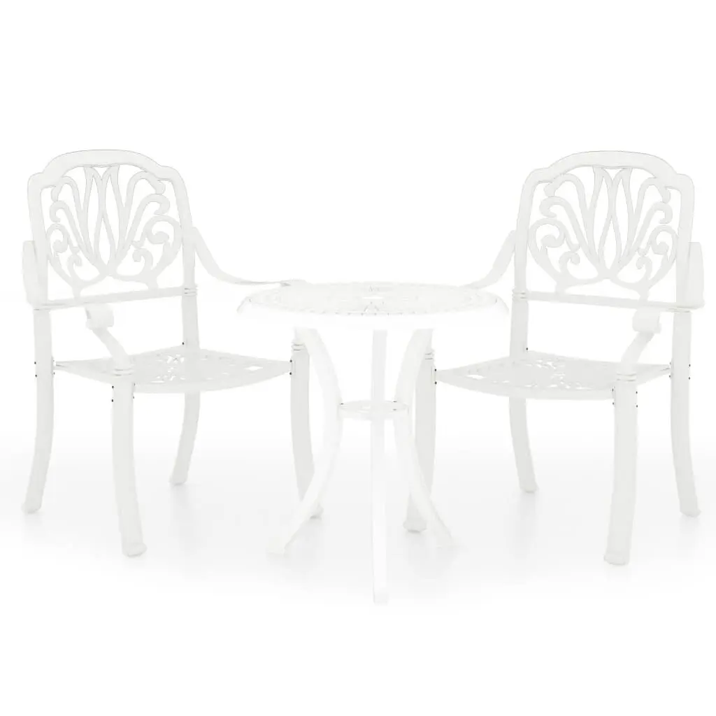 3 Piece Bistro Set Cast Aluminum White Outdoor Cafe Table and Chairs