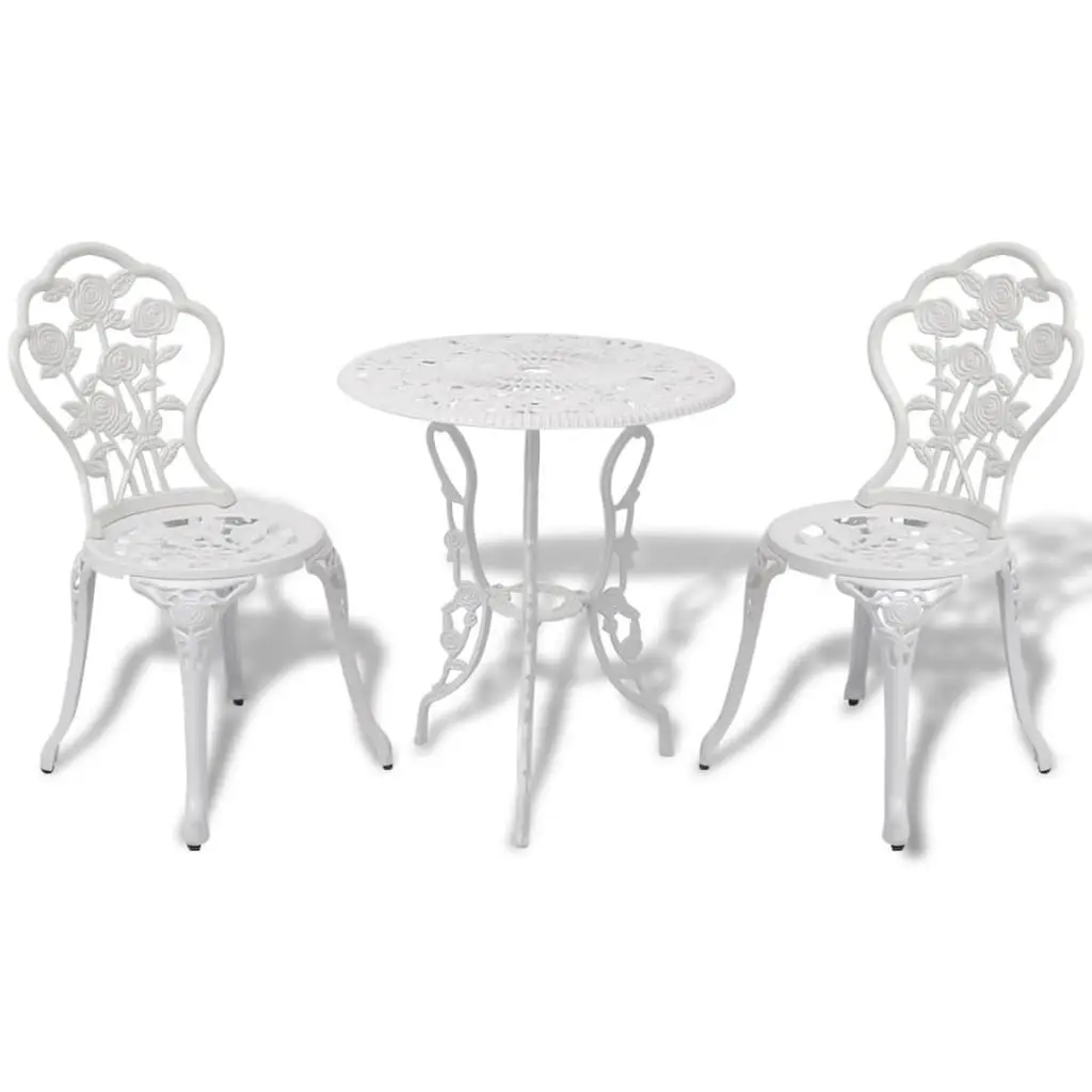 3 Piece Bistro Set Cast Aluminum White Outdoor Cafe Dining Table and Chairs