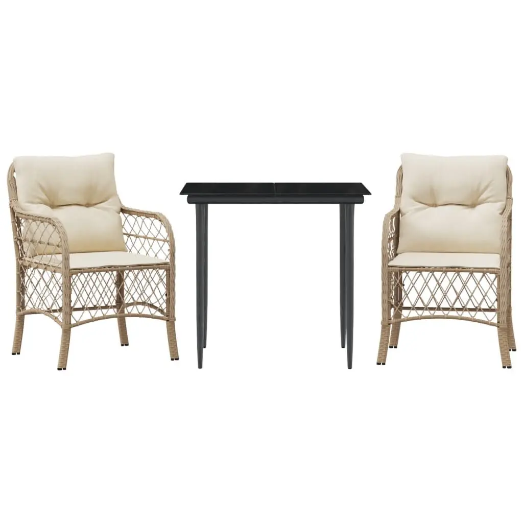 3 Piece Bistro Set Cushions Beige Poly Rattan Patio Dining