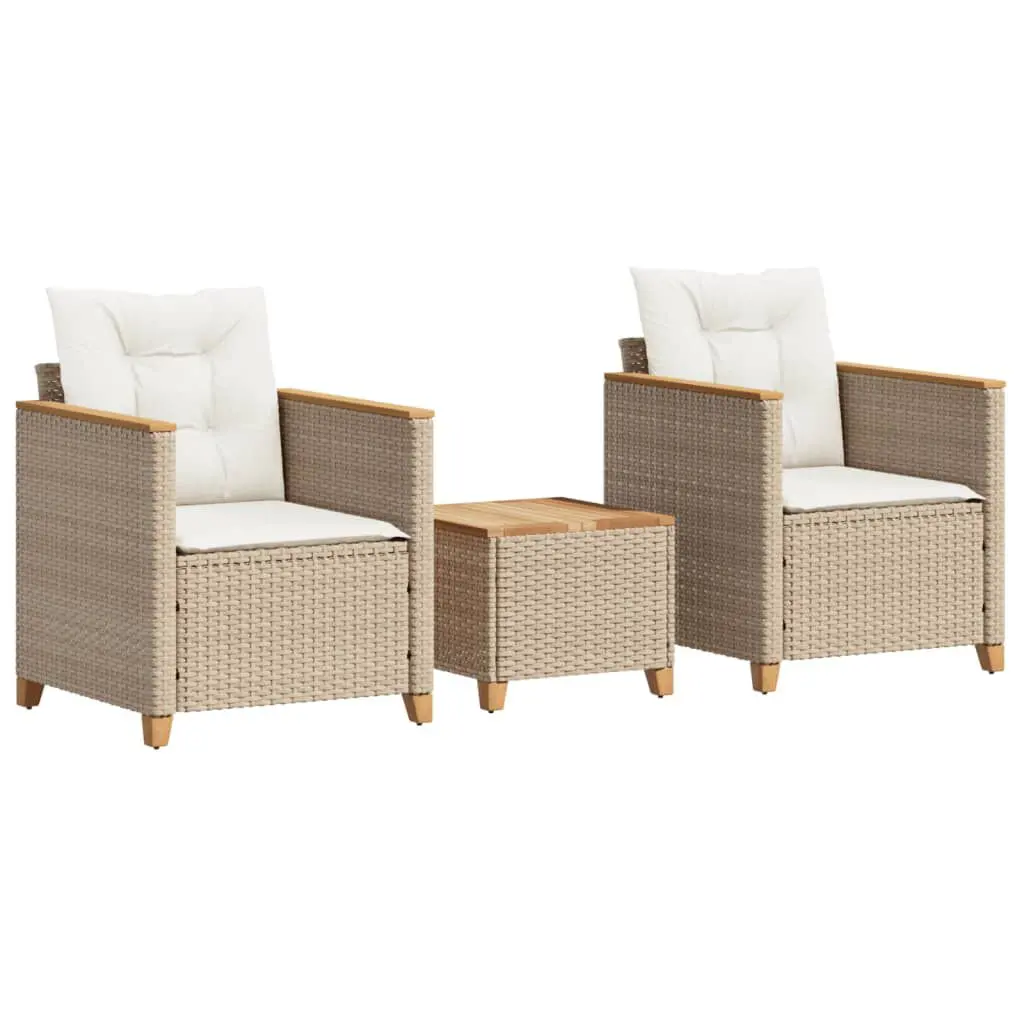 3 Piece Bistro Set Cushions Beige Poly Rattan Acacia Wood Outdoor Dining