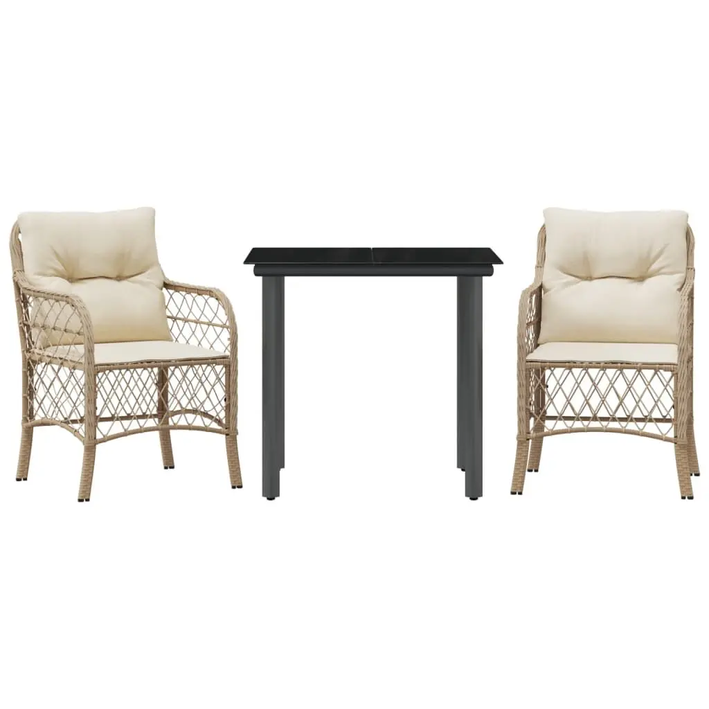 3 Piece Bistro Set Cushions Beige Poly Rattan Outdoor Cafe Table