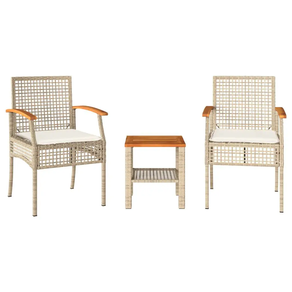 3 Piece Bistro Set Cushions Beige Poly Rattan Acacia Wood Outdoor Furniture
