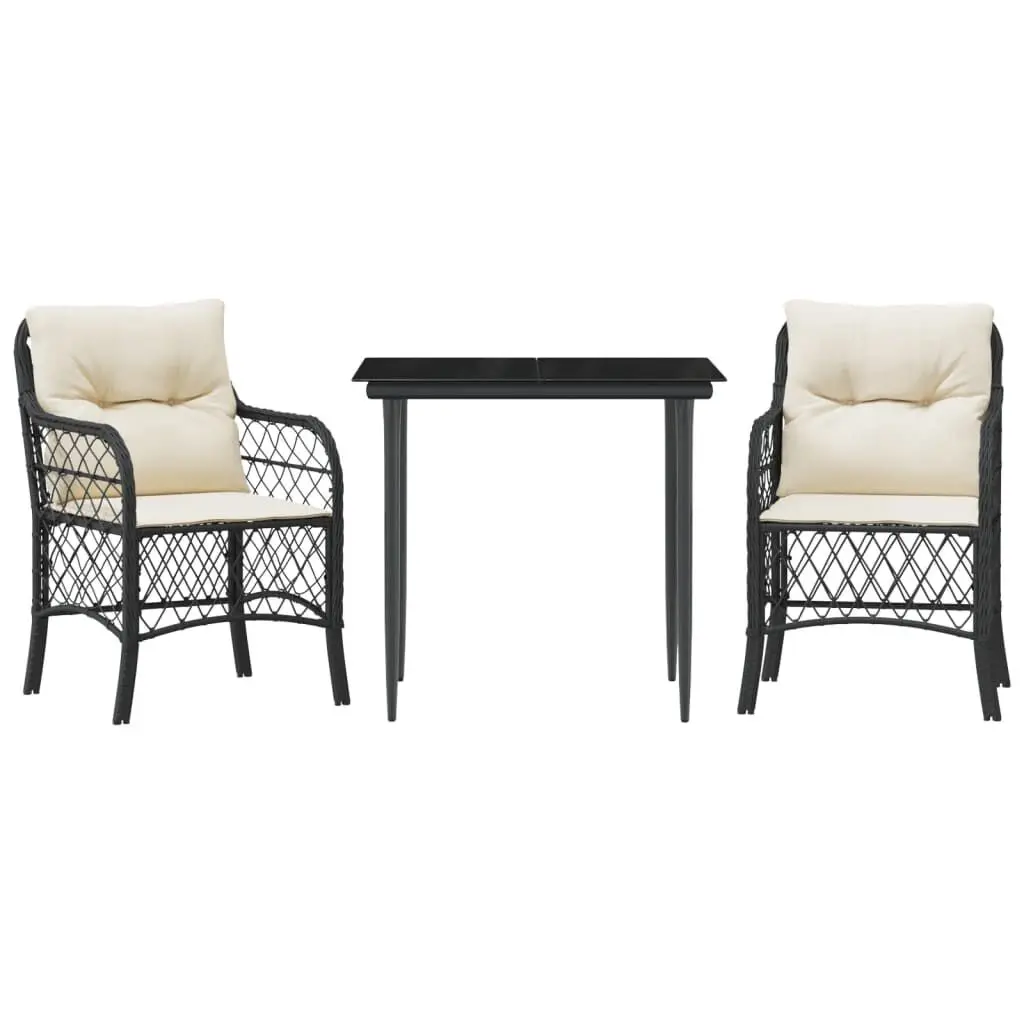 3 Piece Bistro Set Cushions Black Poly Rattan Outdoor Dining