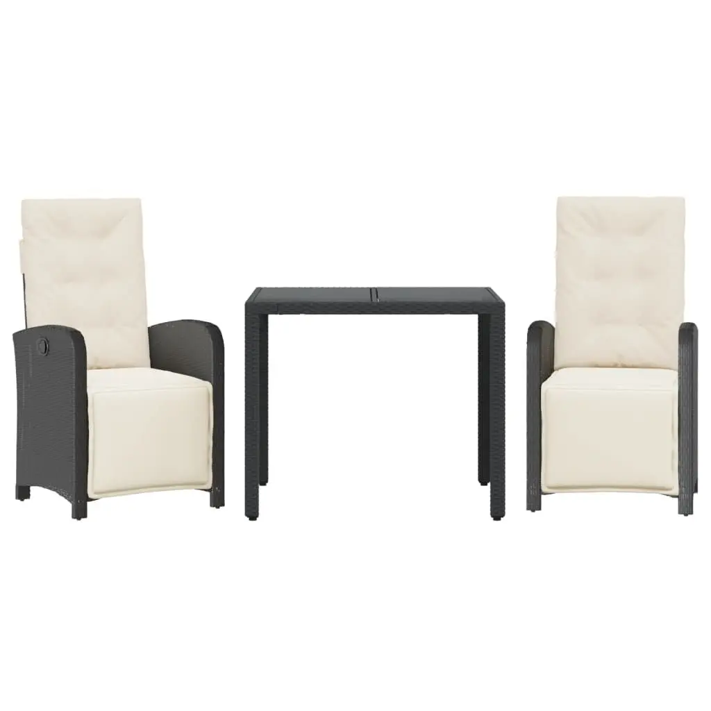 3 Piece Bistro Set Cushions Black Poly Rattan Outdoor Patio Furniture