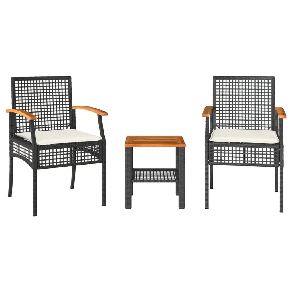 3 Piece Bistro Set Cushions Black Poly Rattan Acacia Wood Outdoor Dining