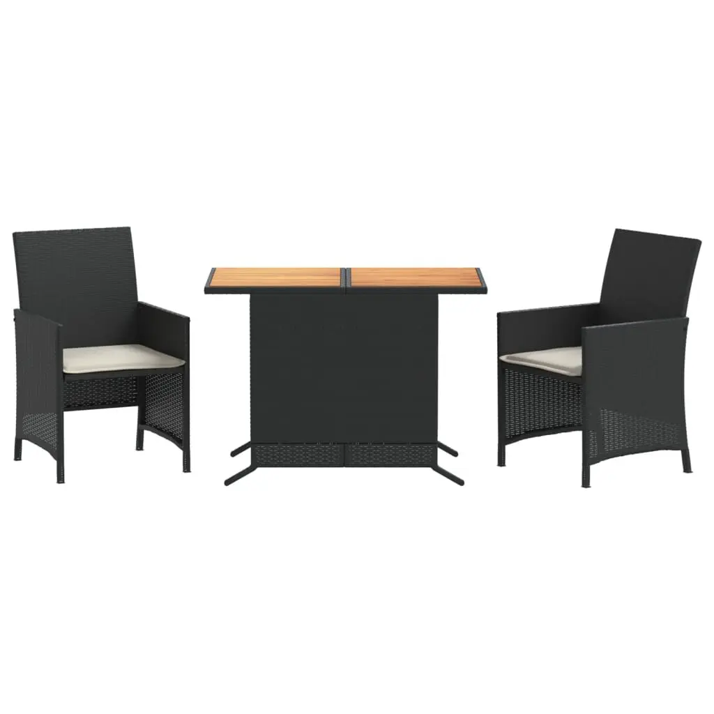 3 Piece Bistro Set Cushions Black Poly Rattan Outdoor Patio Furniture