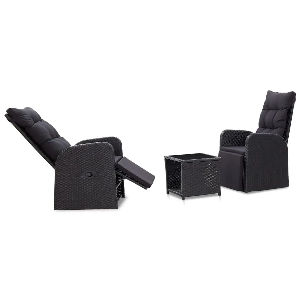 3 Piece Bistro Set Cushions Black Poly Rattan Outdoor Patio Furniture