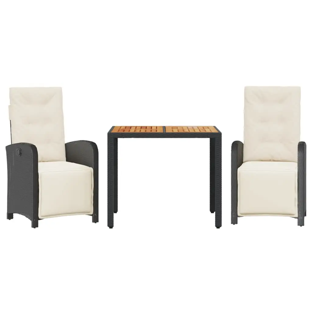 3 Piece Bistro Set Cushions Black Poly Rattan Outdoor Dining Set