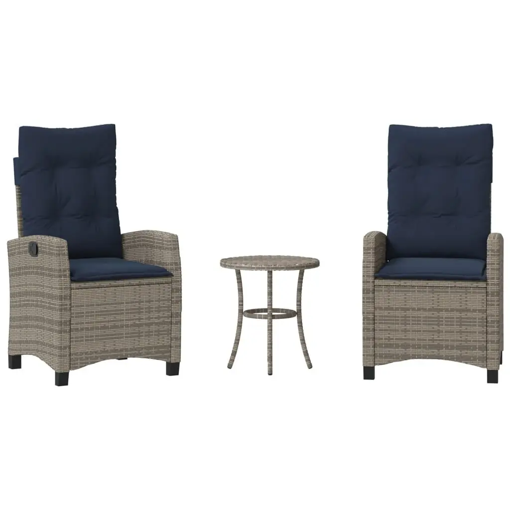 3 Piece Bistro Set Cushions Gray Poly Rattan Outdoor Patio Furniture