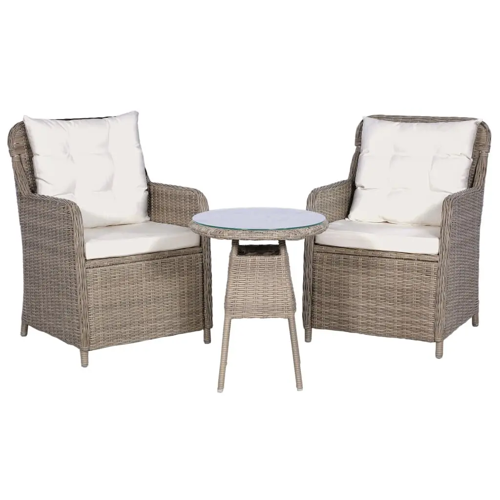 3 Piece Bistro Set Cushions and Pillows Brown Poly Rattan Outdoor Patio Furniture