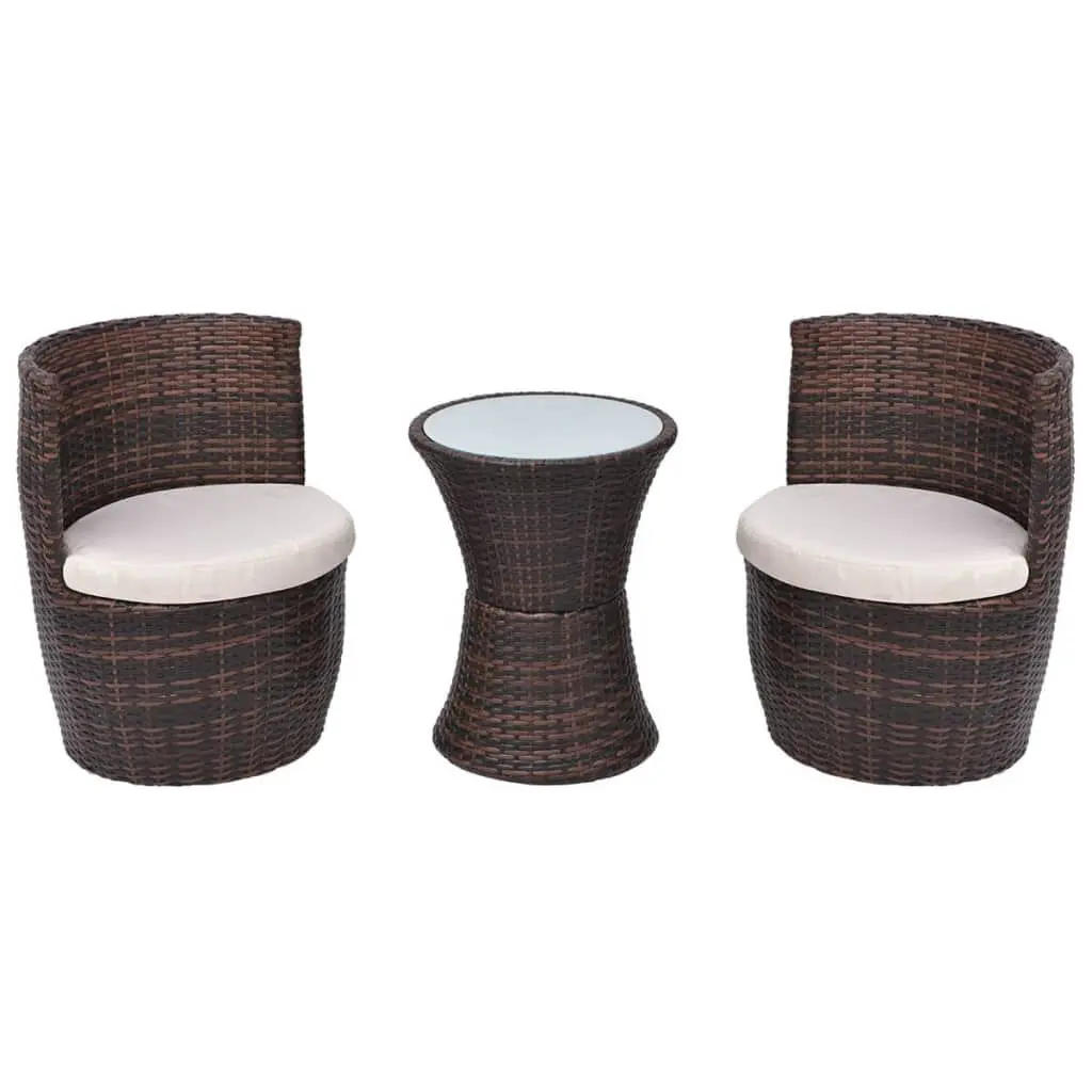 3 Piece Bistro Set Cushions Poly Rattan Brown Small Outdoor Dining Set