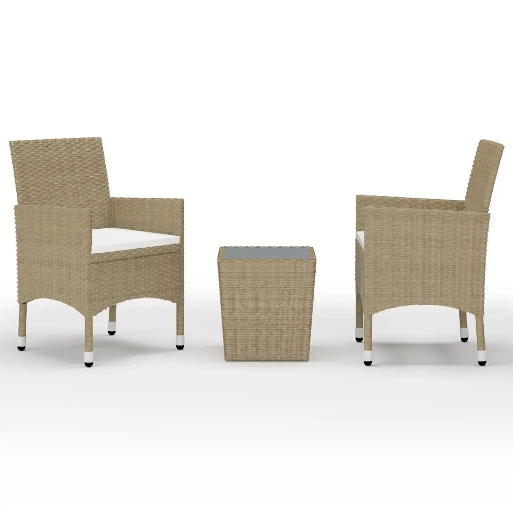 3 Piece Bistro Set Poly Rattan and Tempered Glass Beige Outdoor Furniture
