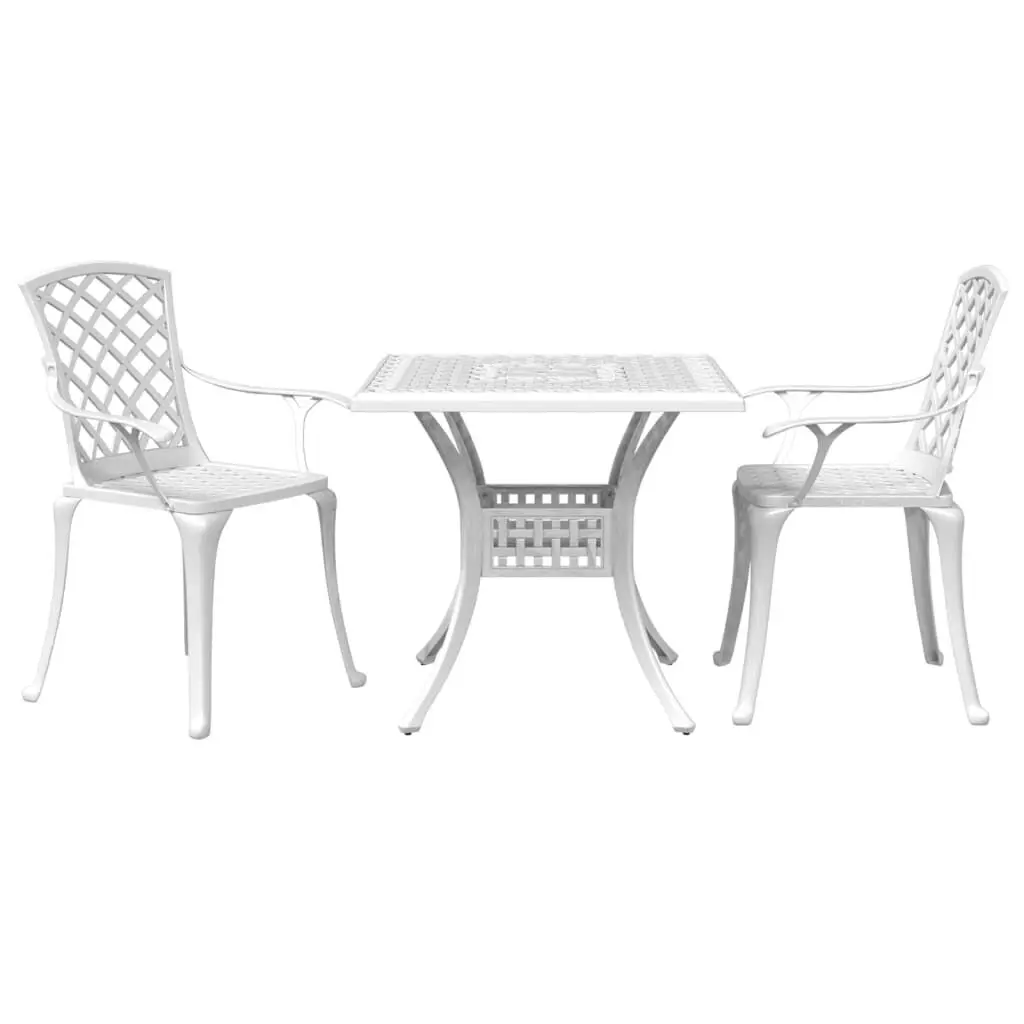 3 Piece Bistro Set White Cast Aluminum Outdoor Cafe Table and Chairs