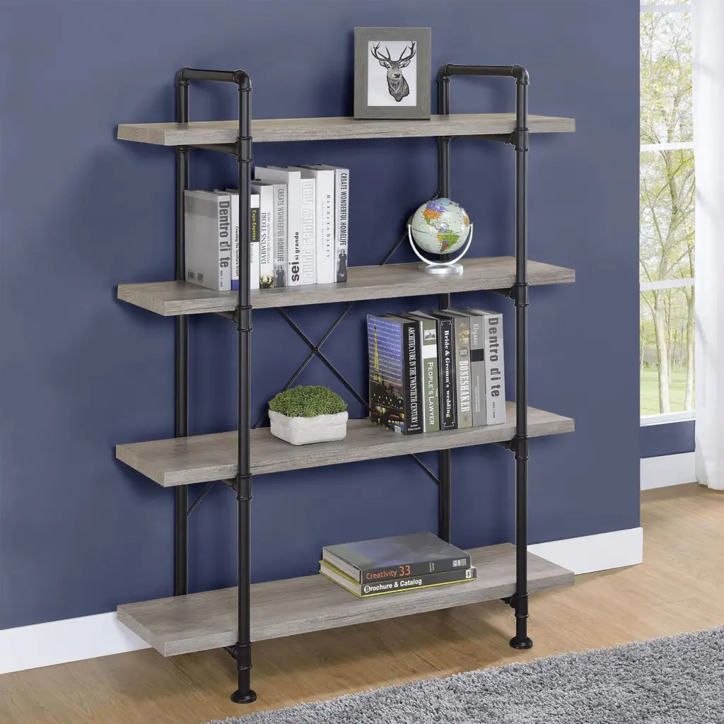 Grey Driftwood and Black 4 Shelf Bookcase Quality Horizon Design furniture max