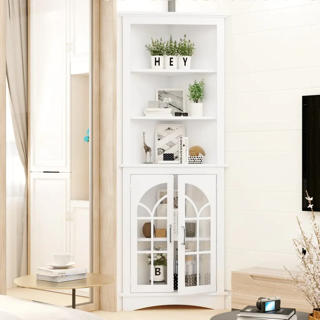Corner Storage Cabinet 63.3 Tall Freestanding Bookcase Doors jhomier furniture