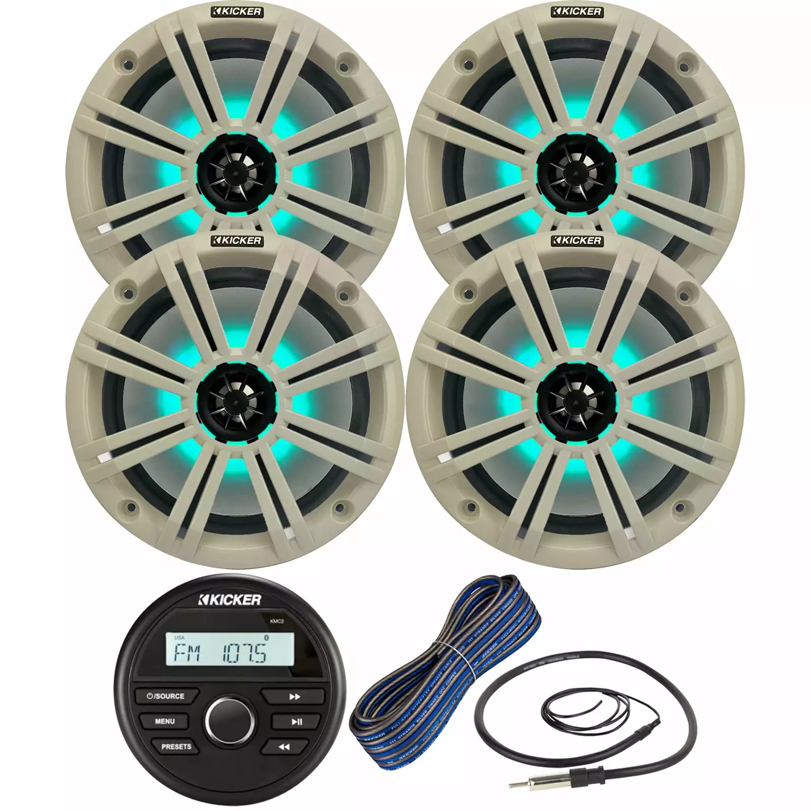 Kicker All-Weather Marine Bluetooth Stereo Receiver Combo 4x 8 300W Coaxial Marine LED Speakers