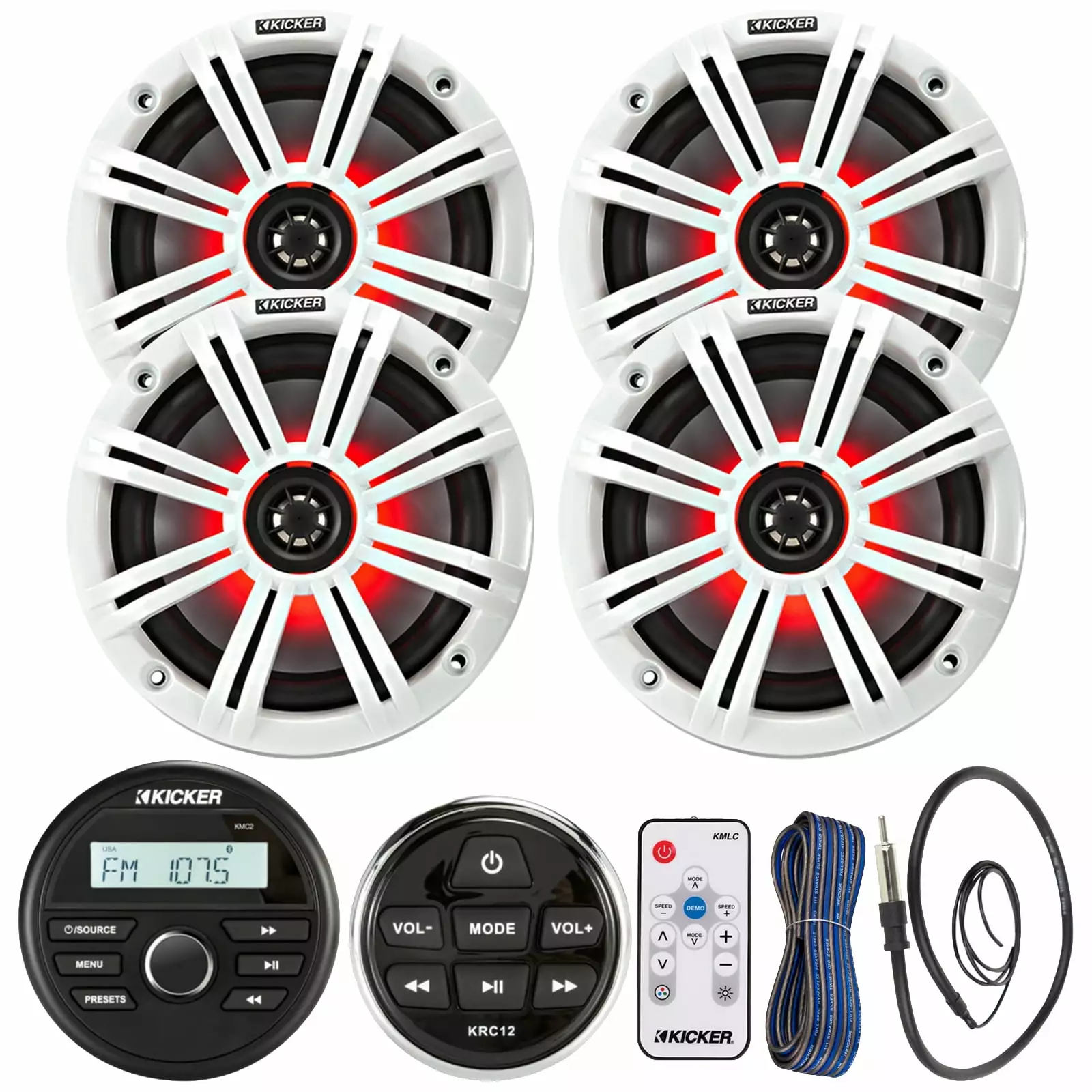 Kicker All-Weather Marine Bluetooth Stereo Receiver Bundle 4x 6.5 195W Coaxial Marine LED Speakers