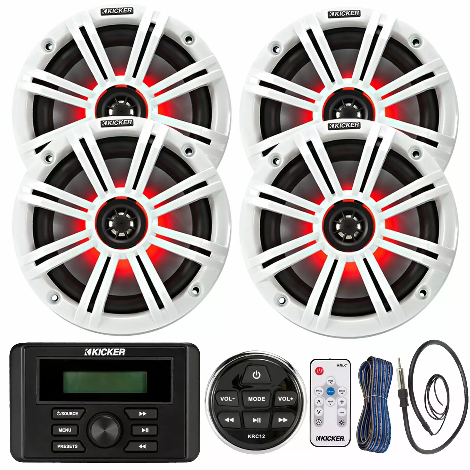 Kicker Marine Bluetooth Stereo Receiver Bundle 4x 6.5 195W Coaxial Marine LED Speakers and Remote