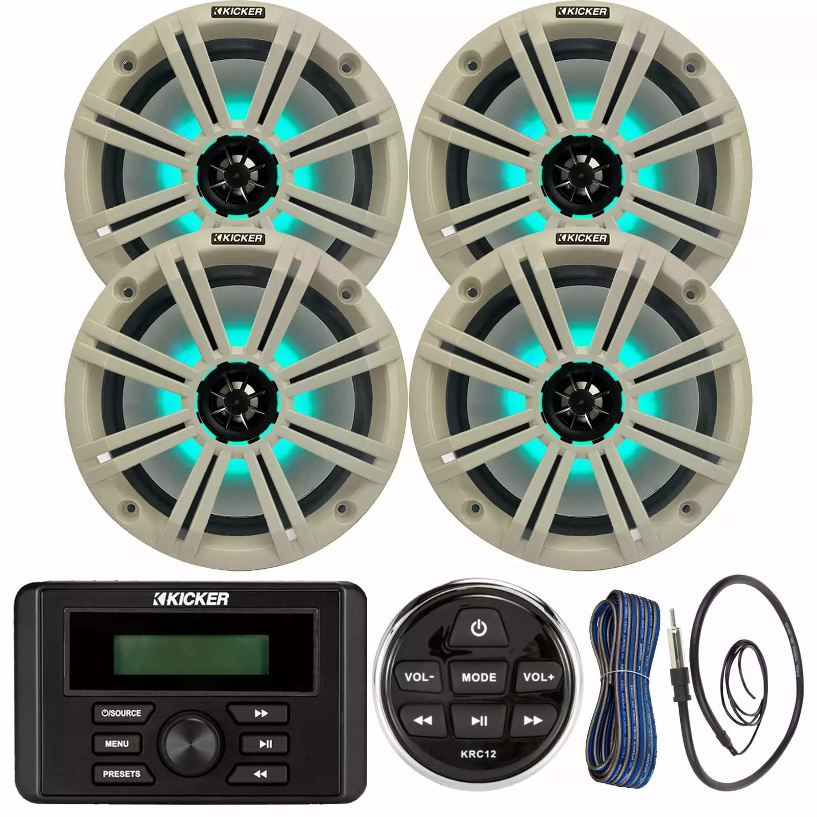 Kicker Marine Bluetooth Stereo Receiver Bundle 4x 8 300W Coaxial Marine LED Speakers and 50-Ft Wire