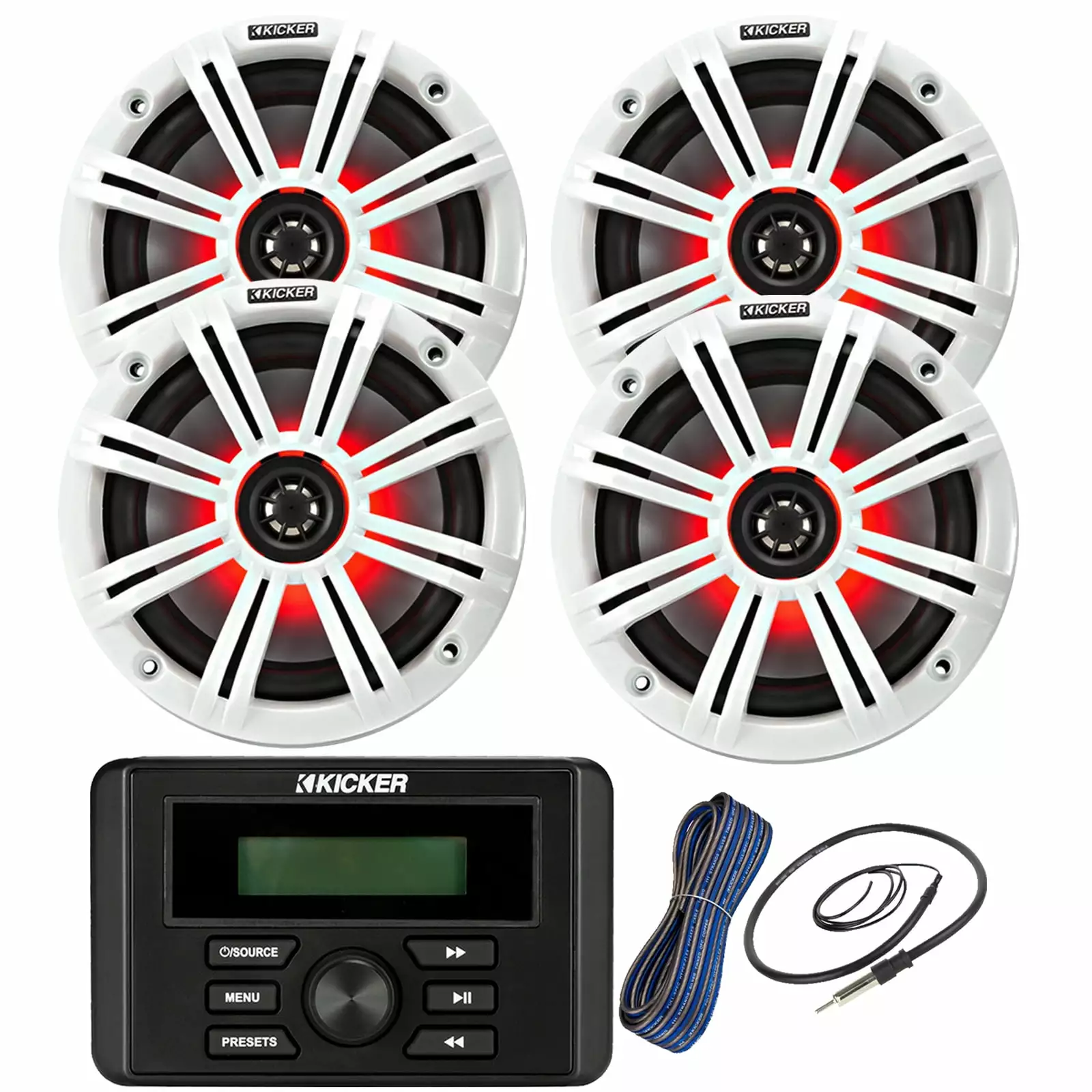 Kicker Marine Bluetooth Stereo Receiver Combo 4x 6.5 195W Coaxial Marine LED Speakers and 50-Ft Wire
