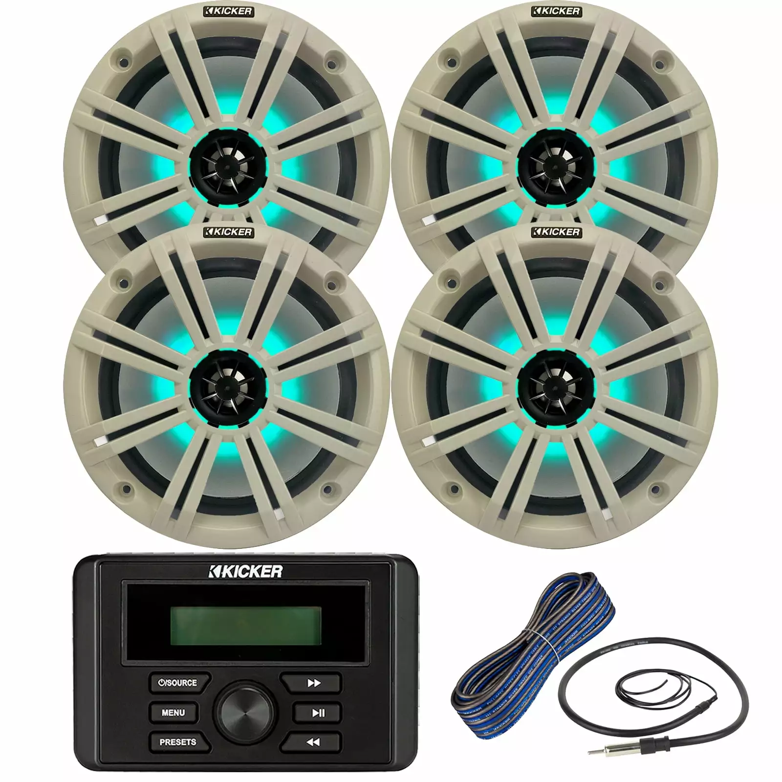 Kicker Marine Bluetooth Stereo Receiver Combo 4x 8 300W Coaxial Marine LED Speakers and 50-Ft Wire