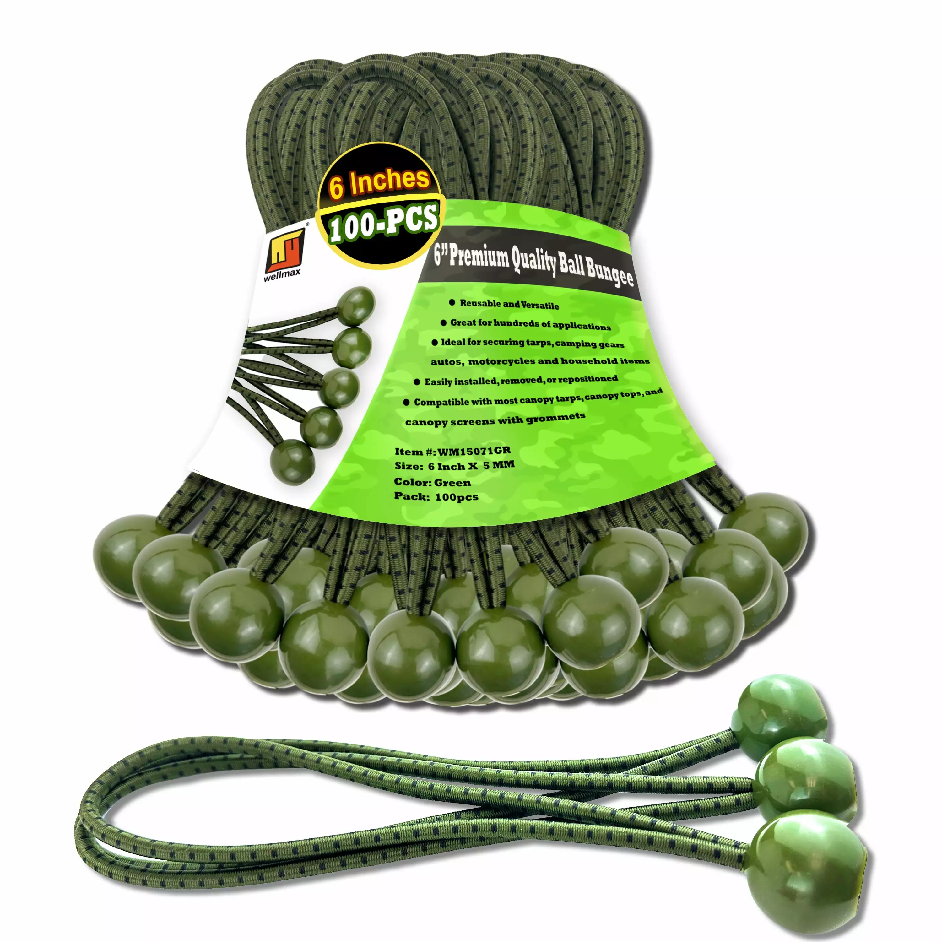 6 inch 100 Piece Heavy Duty 5mm Ball Bungee Canopy Cord Green Camo Color Securing Covers Wellmax
