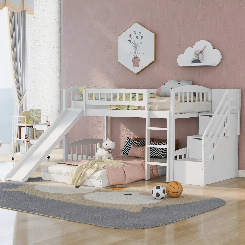 Twin Over Twin Bunk Bed Two Drawers And Slide White Space Saving Kids Bed lucky furniture
