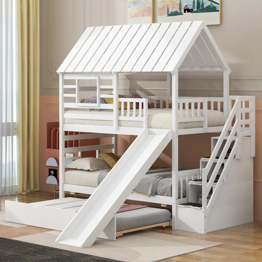 Twin Over Twin House Bunk Bed Trundle Slide and Storage Stairs wm store