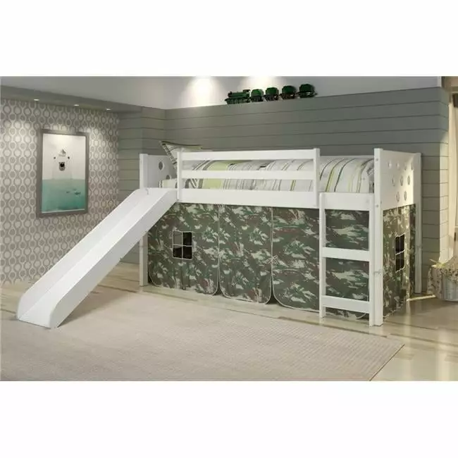 PD-780ATW-C-785W Twin Size Low Loft Bed Slide and Camo Tent White Kids KD STONE AND CABINET