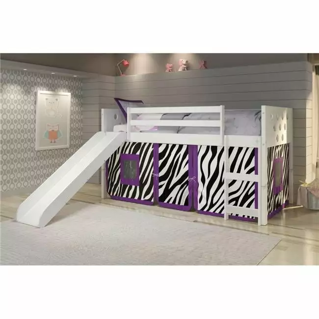 PD-780ATW-Z-785W Twin Size Low Loft Bed Slide and Zebra Tent White Kids KD STONE AND CABINET