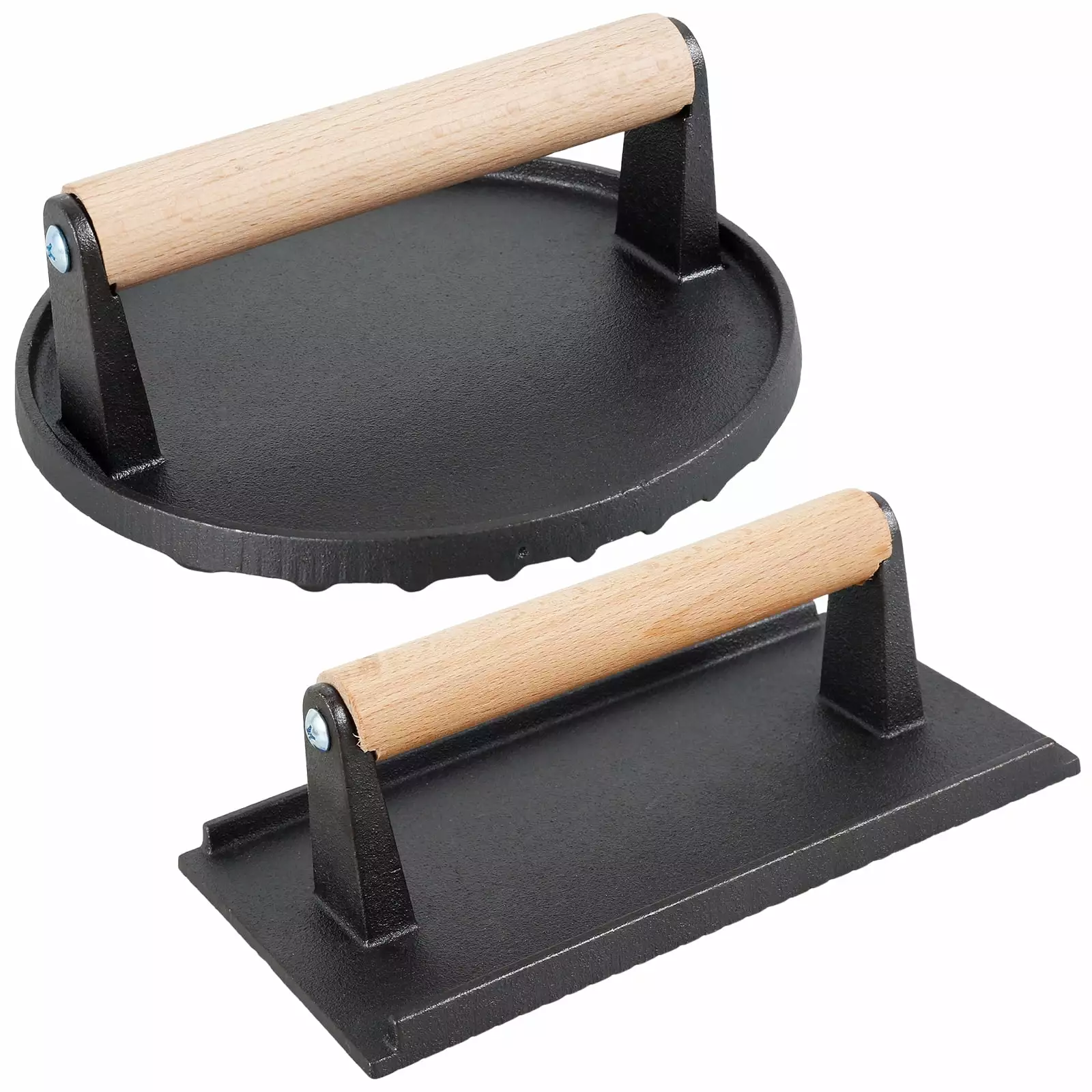 Burger Press Cast Iron Smasher Wood Handle 7 Inch Round and Rectangular Bacon Press Griddle Cooking 2pcs