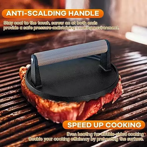 Burger Press Round Hamburger Patty Maker Heavy Duty Cast Iron Grill Press Wood Handle Round