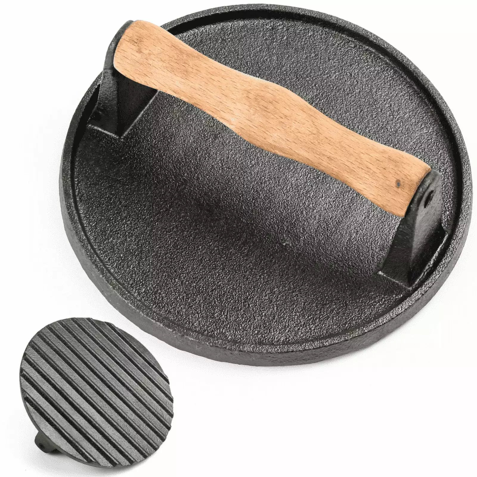 Burger Press Round Rectangle Cast Iron Smash Bacon Press Meat Steak Wood Handle