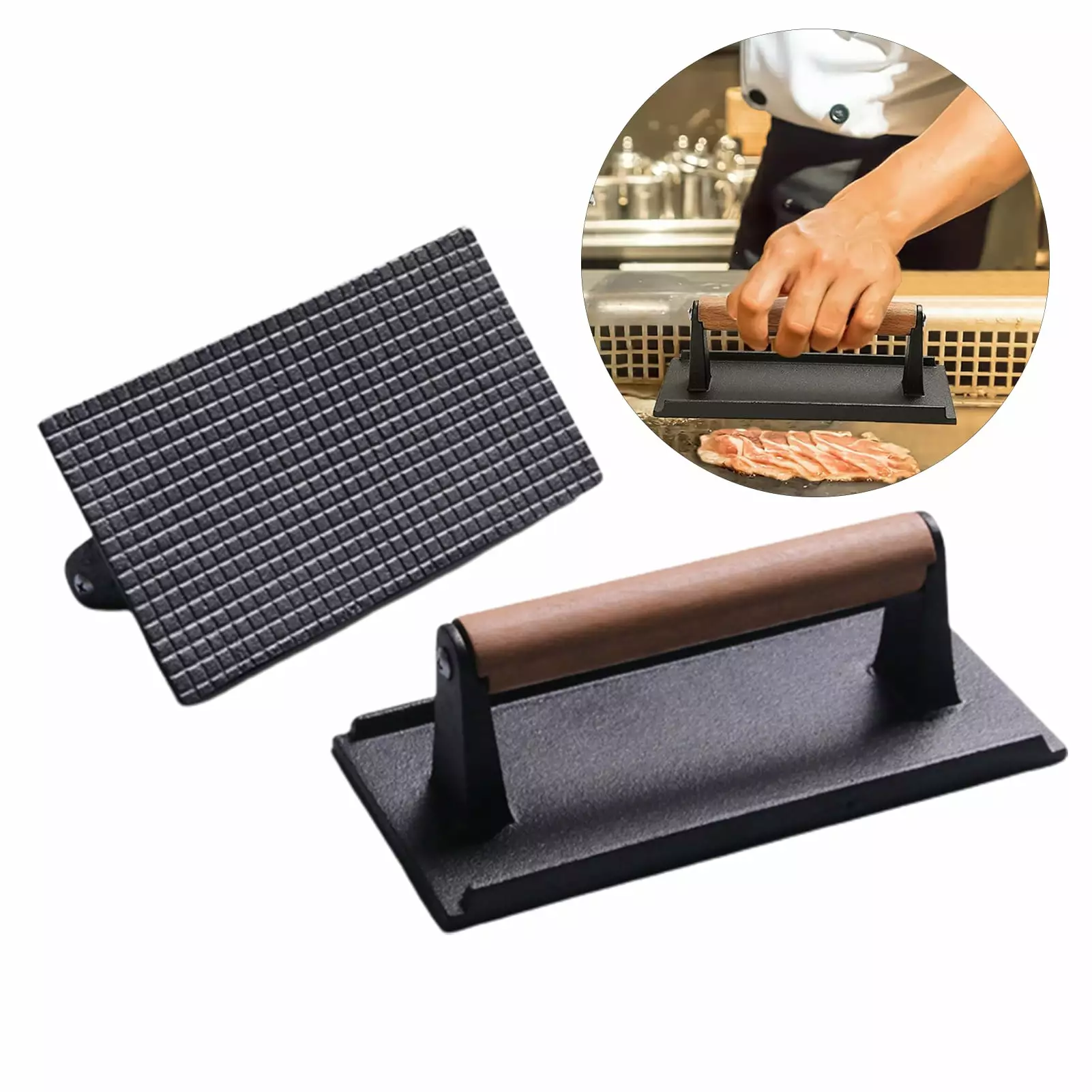 Duixinghas Heavy-Duty Cast Iron Burger Press Rectangle Round Nonstick Pan Wood Handle Bacon Steak