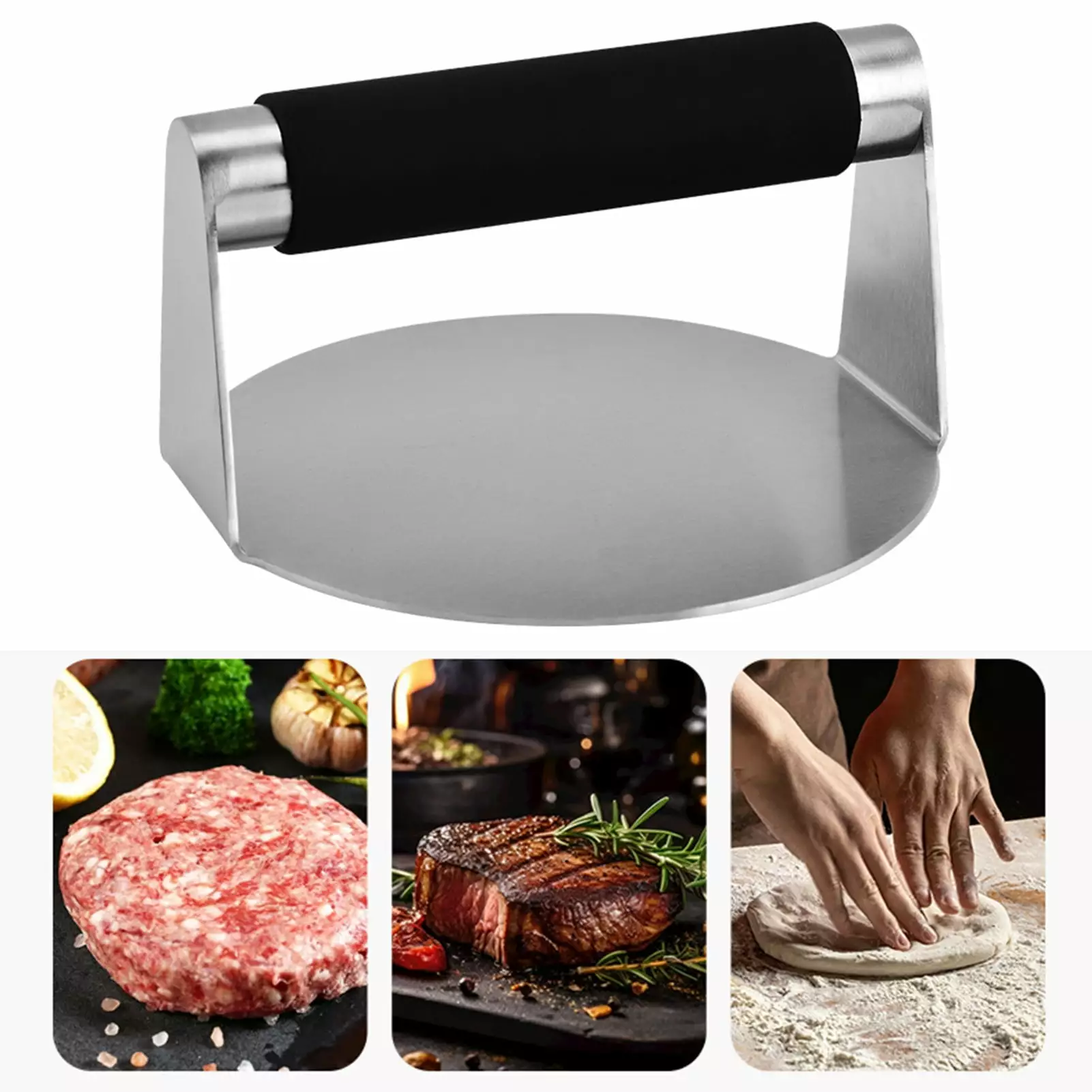 Fusipu Stainless Steel Burger Press Reduce Grease Splatter Quick Grilling One-piece Design