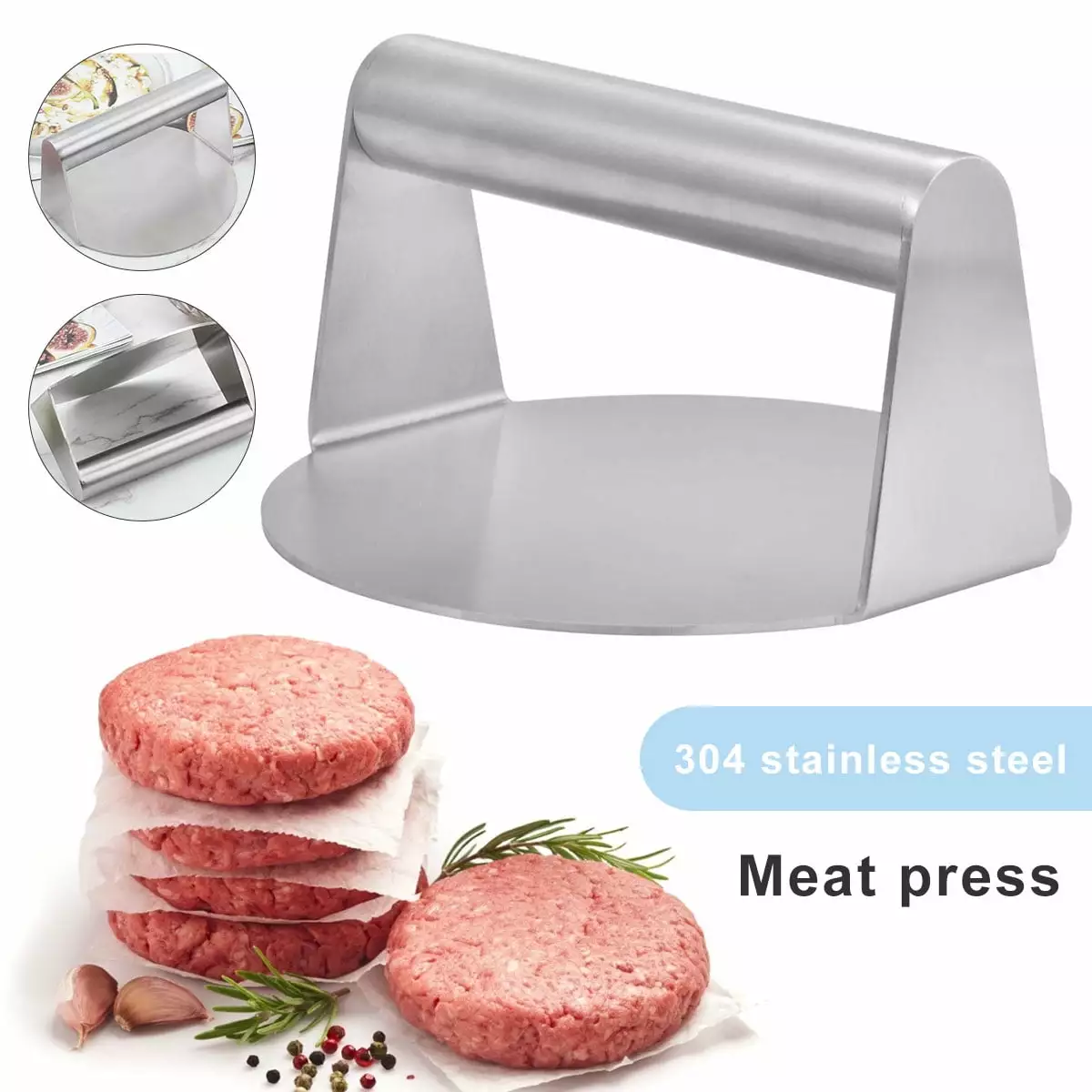 Ghopy Stainless Steel Burger Press 4.9 Inch Round Non-Stick Hamburger Patty Maker Handle BBQ Grill Easy to Clean 1pcs