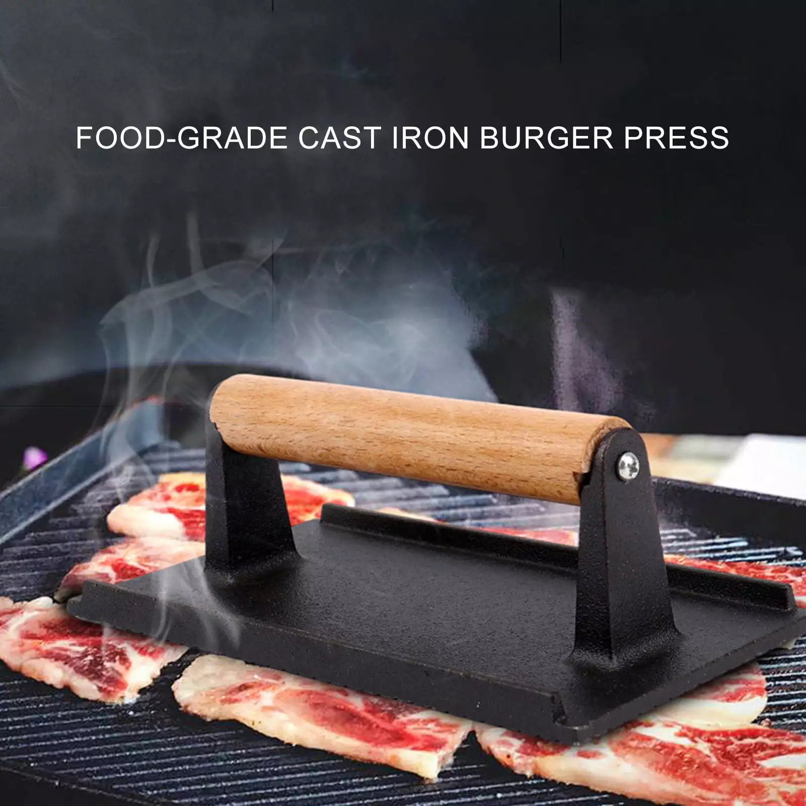 kaioher Food-Grade Cast Iron Burger Press Wood Handle Even Heat Transfer and Healthy Cooking Square