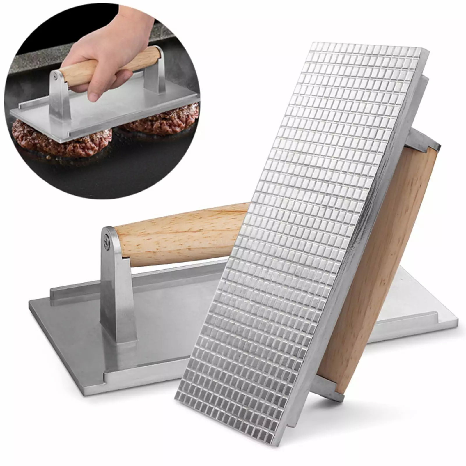 Kaioher Heavy-Duty Aluminum Alloy Burger Press Wood Handle Griddle Sandwich Nonstick Pan Healthy Cooking Tool Square