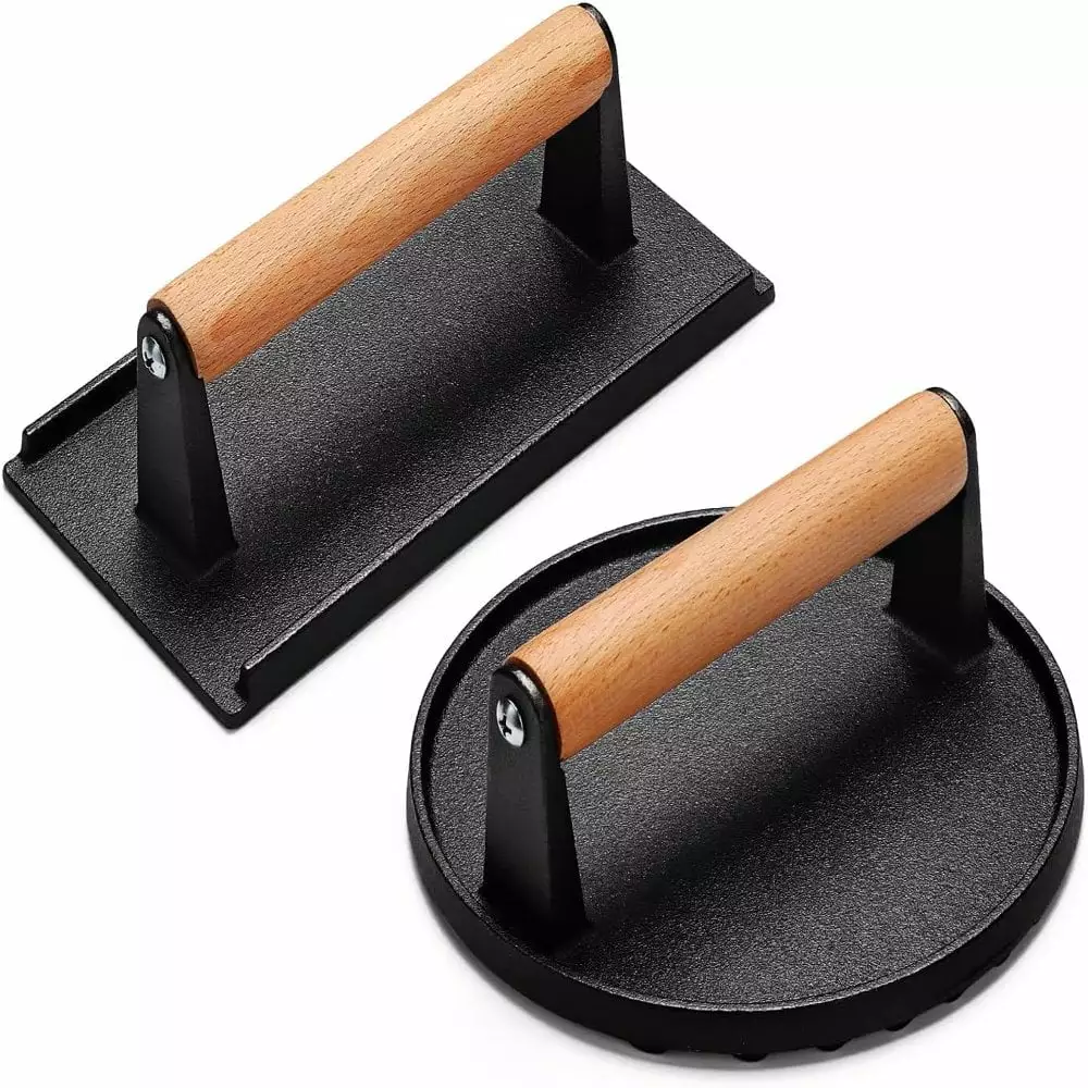 LEEYNEER Burger Press 7 Round & 8.2x4.3 Rectangle Heavy-Duty Cast Iron Smash Bacon Press Roundrectangle