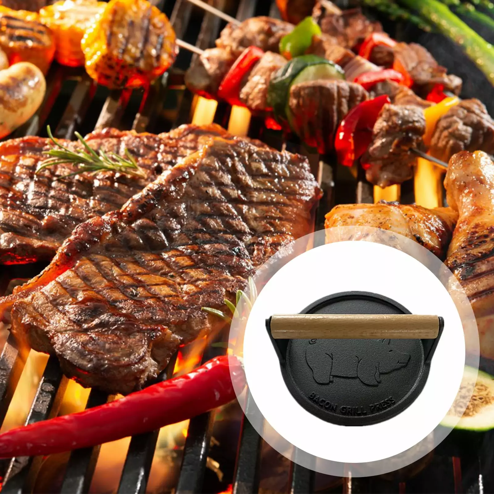 Opvise Burger Press Wooden Handle Heavy Duty Cast Iron Nonstick Bacon Press Piggy Pattern