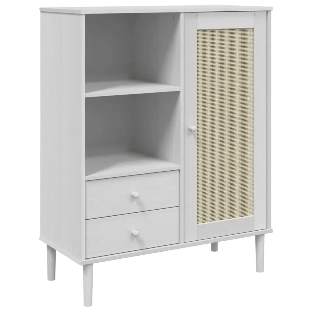 Highboard SENJA Rattan Look White 35.4x15.7x44.1 Inches Solid Wood Pine