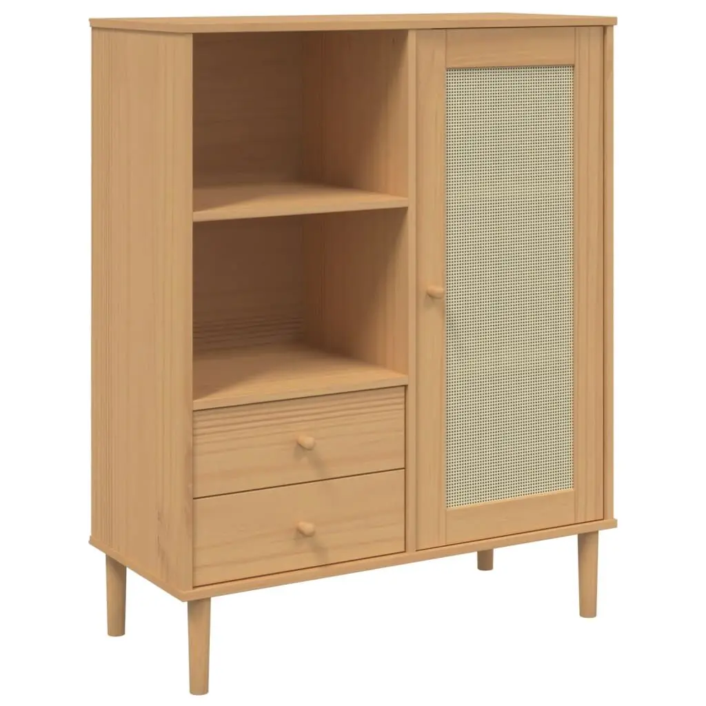 SENJA Highboard 35.4x15.7x44.1 Inch Rattan Look Brown Solid Wood Pine Storage Cabinet