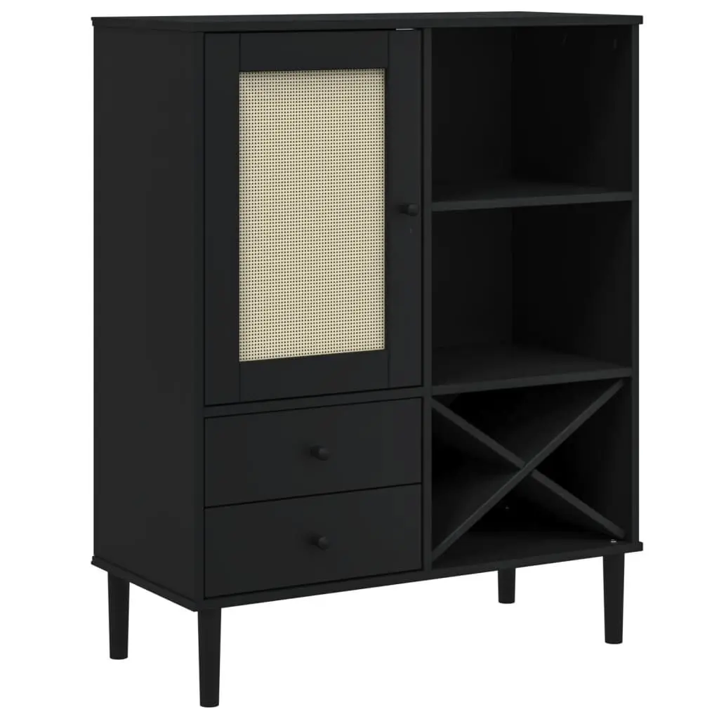 Highboard SENJA Rattan Look Black 35.4x15.7x44.1 Inches Solid Wood Pine