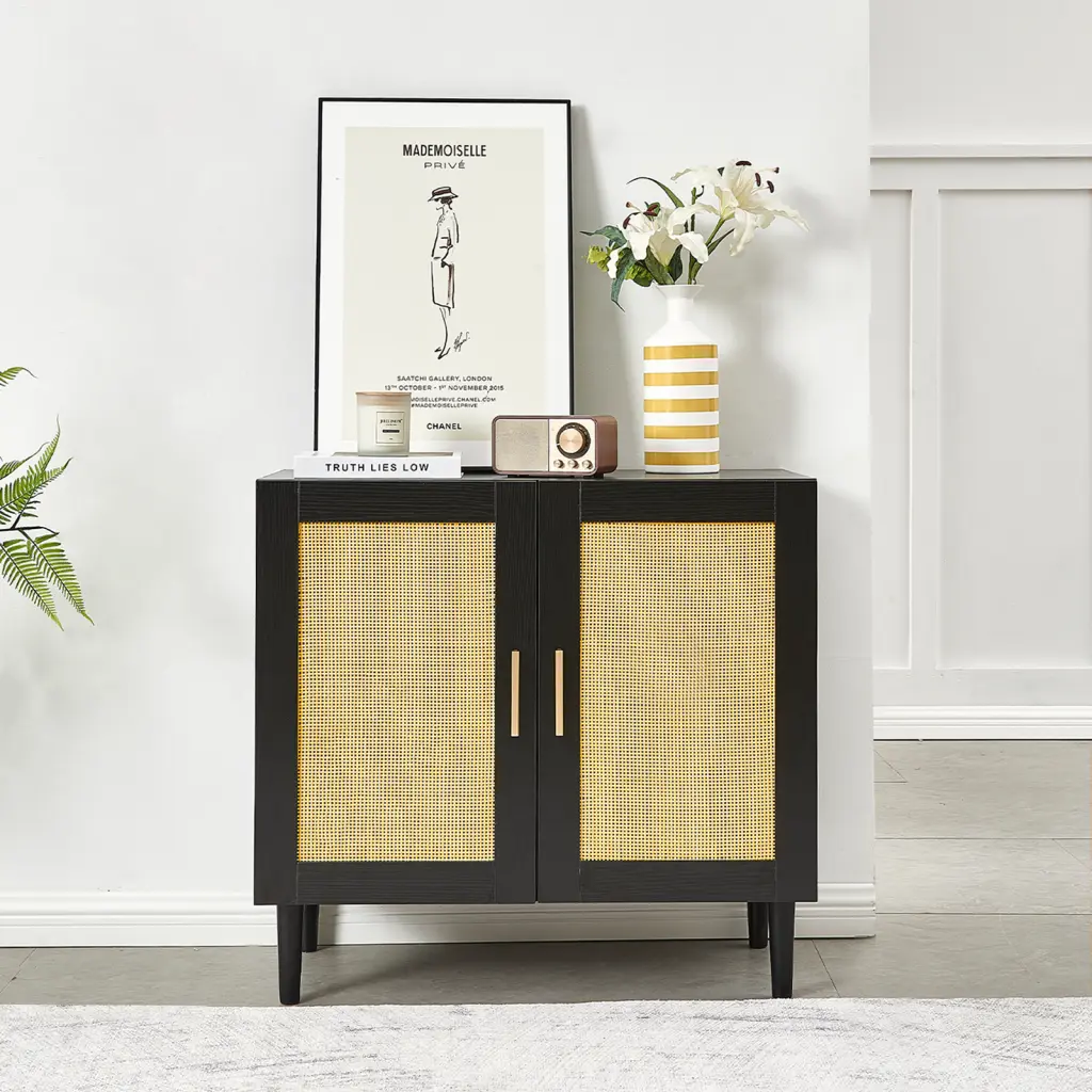Side Panel Buffet Cabinet Natural Rattan Door Rattan Storage Cabinet Living Room zr furniture