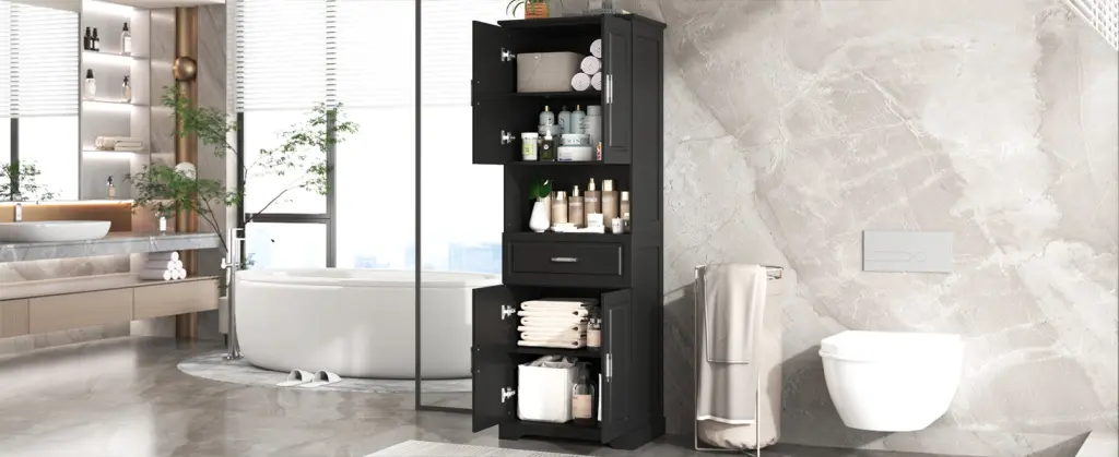 Tall Bathroom Cabinet Four Doors Large Storage Space Open Shelves by
