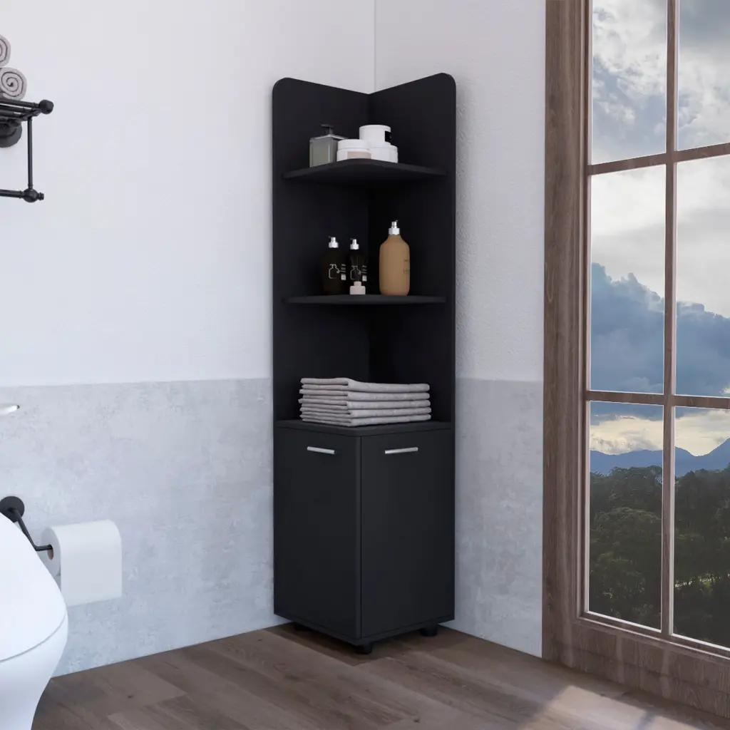 Corner Cabinet 62 Inch Tall 3 Tier Shelf And 2 Door Black Storage Unit depot e-shop