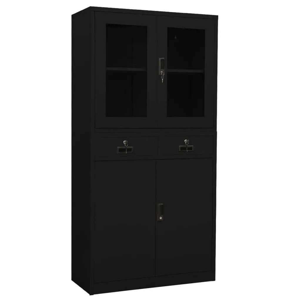 Office Cabinet Black 35.4x15.7x70.9 Inches Steel and Tempered Glass