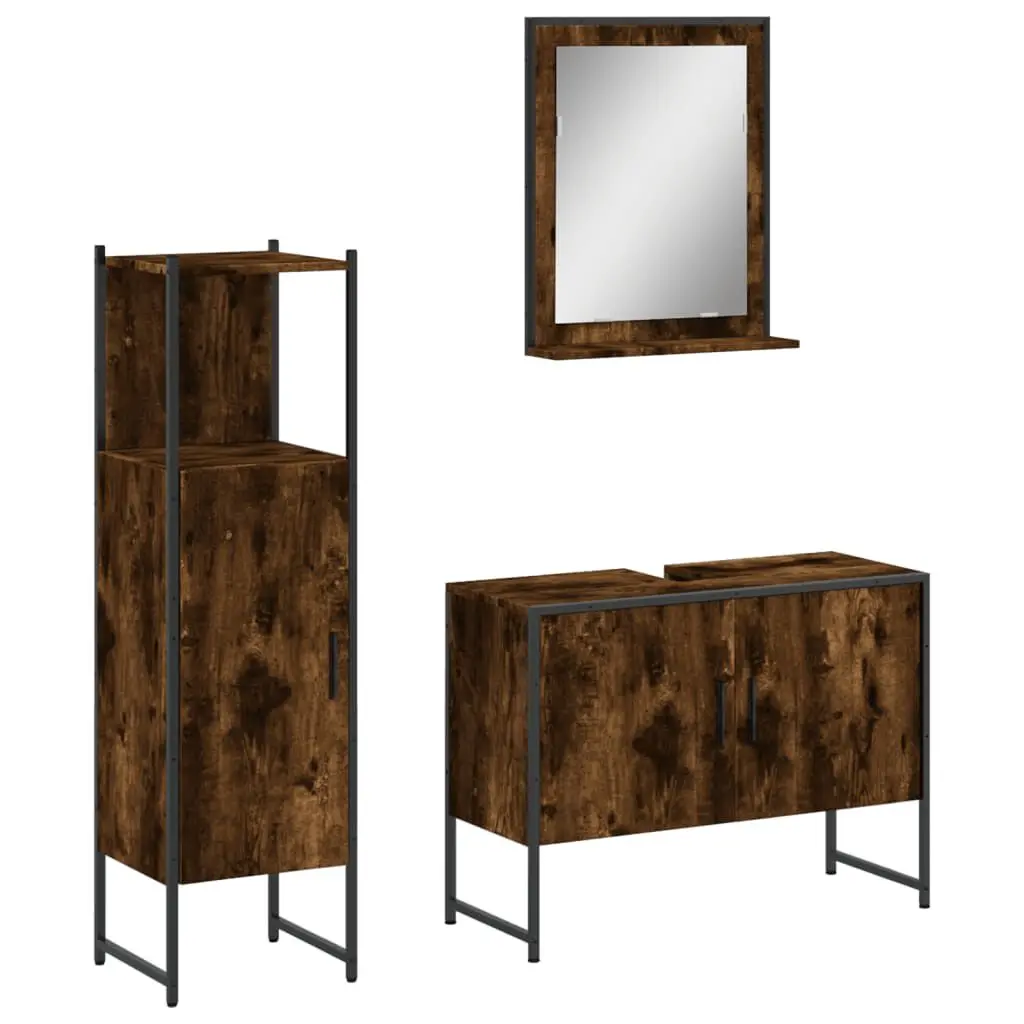 3 Piece Bathroom Cabinet Set Smoked Oak Engineered Wood Storage Set