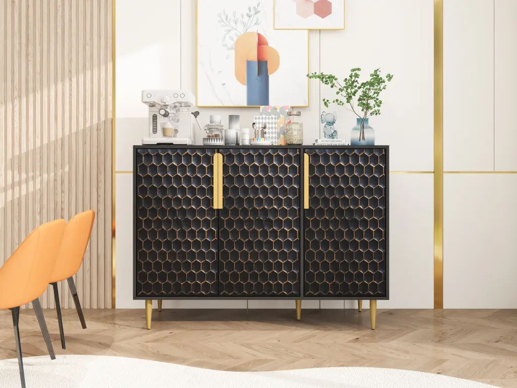 3 Door Storage Cabinet Buffet Sideboard Customizable Shelves Honey Finish rnb