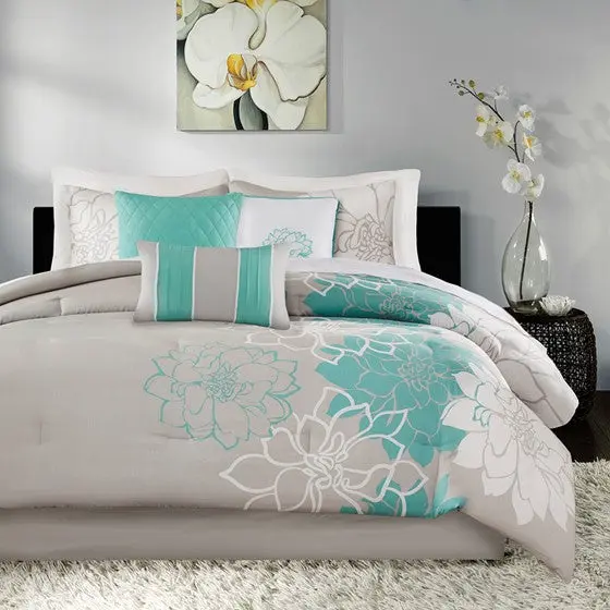 Printed Cotton Sateen Comforter Set Aqua California King Size jla